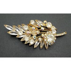 Vintage High End Leaf Rhinestone Brooch Pin